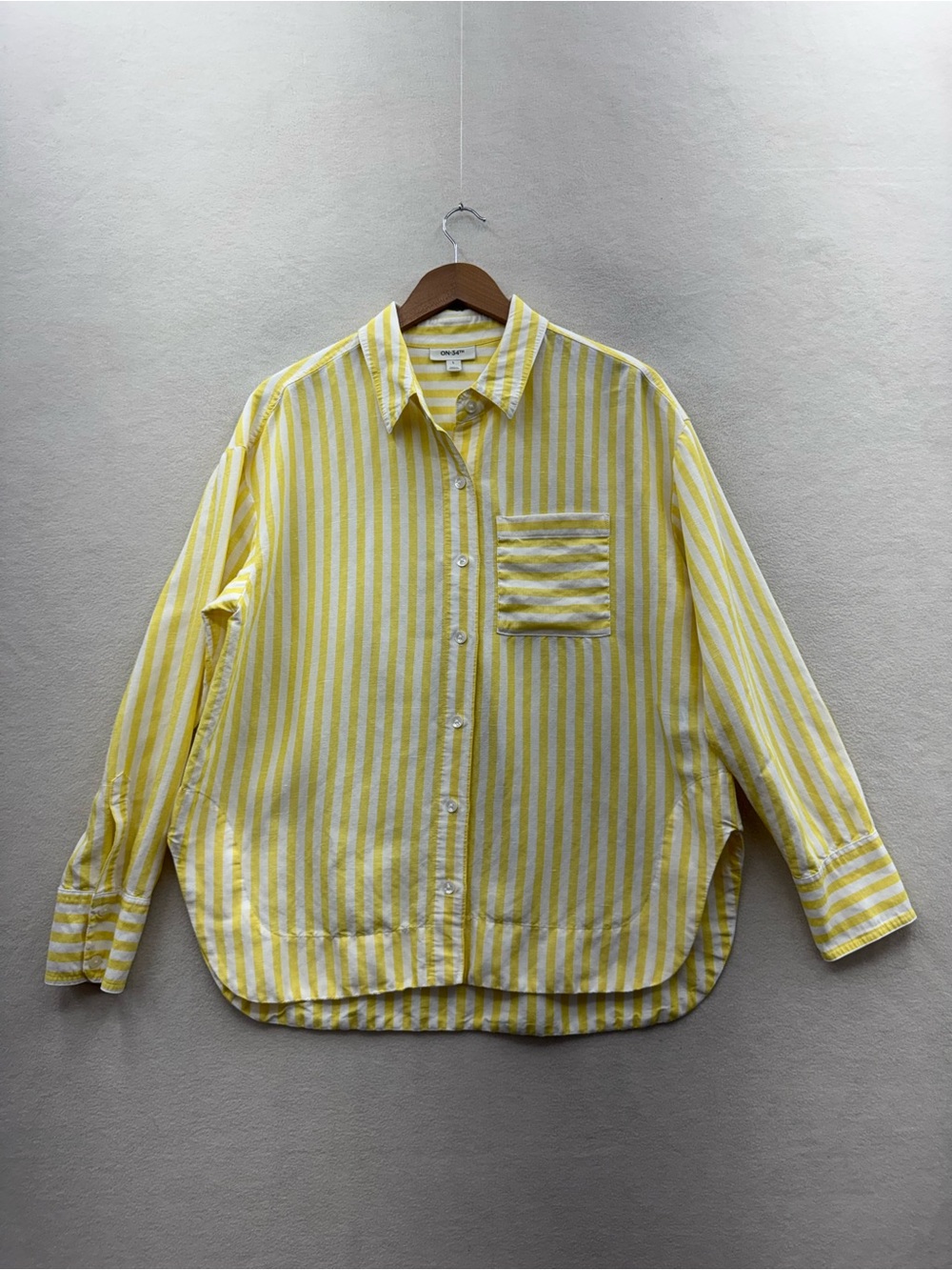 ON 34th Women’s Large Linen Blend Striped Button Front Shirt Yellow White